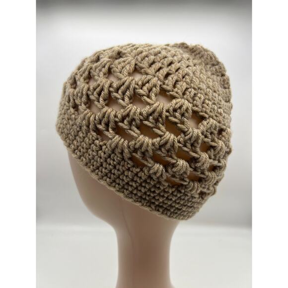 knit crochet open knit tan beige beanie cap hat X-Small Boho Hippie - Picture 3 of 7